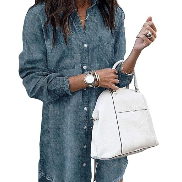 Zilcremo Women Distressed Denim Shirt Dress Long Sleeves in Washed Blue - Picture 1 of 7